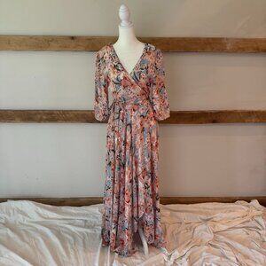 Show Pro peachy pink and blue floral dress wrap style maxi